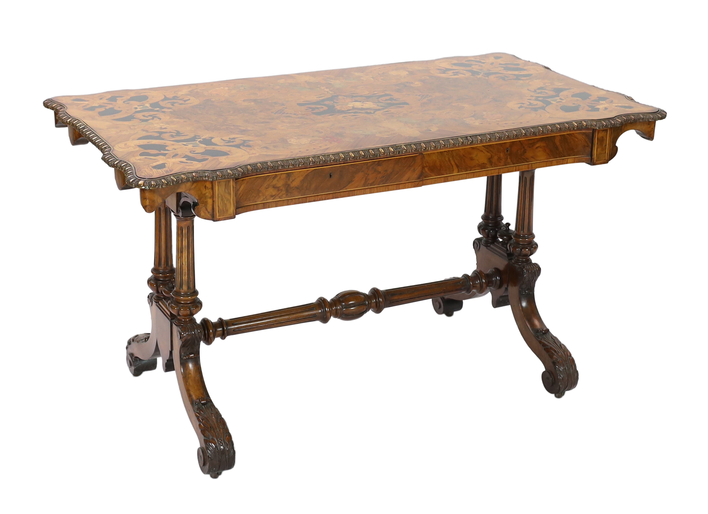 A good Victorian ormolu mounted walnut and marquetry centre table, 129cm wide, 70cm deep, 73cm high